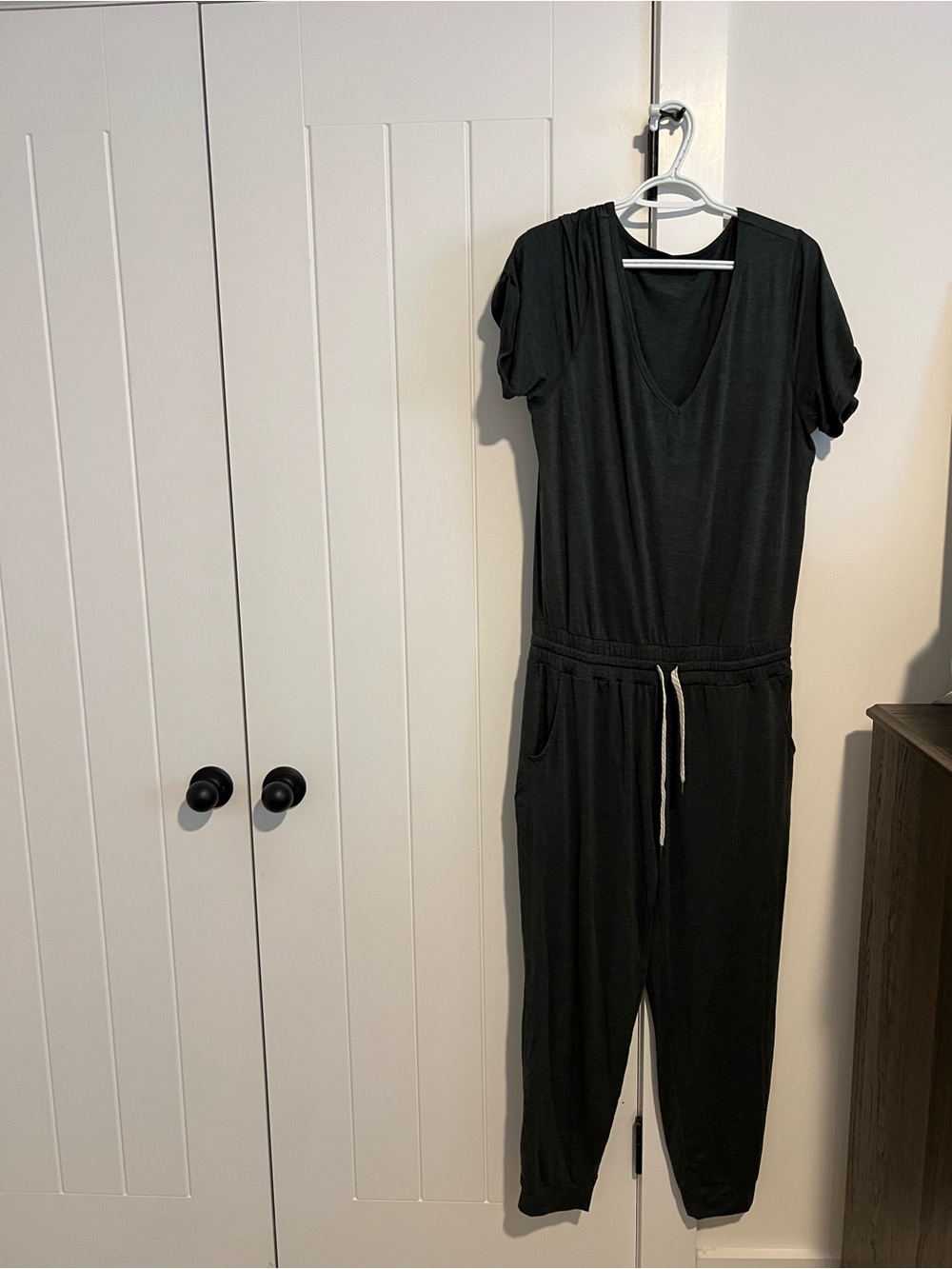 Vuori charcoal gray V-Neck Short Sleeve Drawstring Jumpsuit. ALL DAY JUMPSUIT